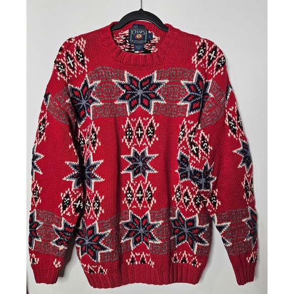 Chaps Ralph Lauren Vintage Hand Knit Sweater Mens L Red Fair Isle Nordic Cotton
